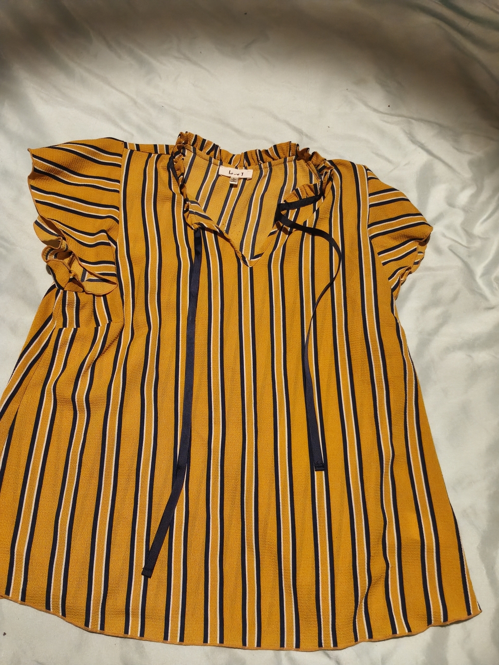 love J Mustard and Navy Striped V-Neck Blouse